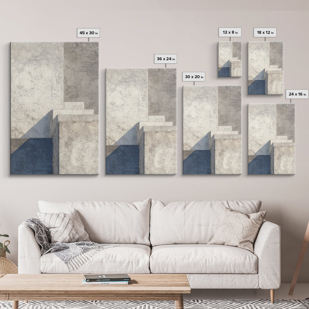 Minimal Concrete Stair Shadow Canvas Print, Modern Abstract Wall Art, Neutral Architectural Decor, Blue Beige Office Poster