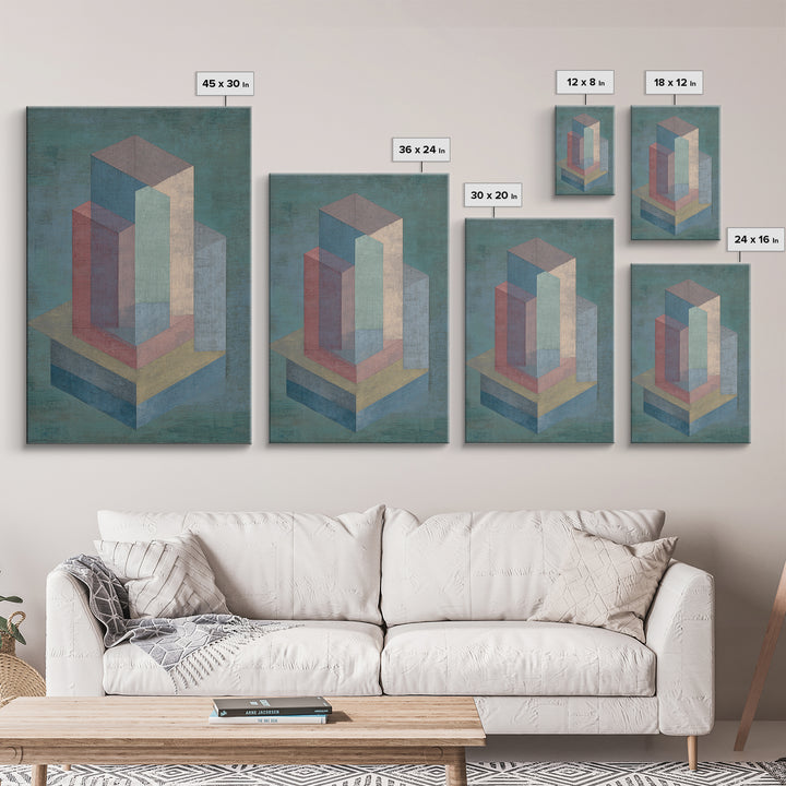 Teal Isometric Blocks Framed Canvas Print, Midcentury Modern Geometric Wall Art, Pastel Architecture Decor, MCM Artwork Print