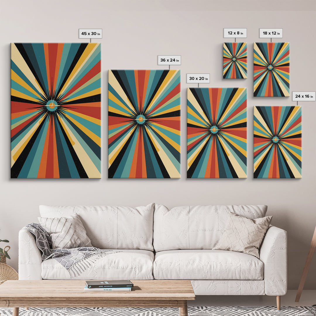 Retro Atomic Sunburst Rays Canvas Print, Midcentury Modern Wall Art, Bold Geometric Poster, Colorful MCM Home Decor Gift