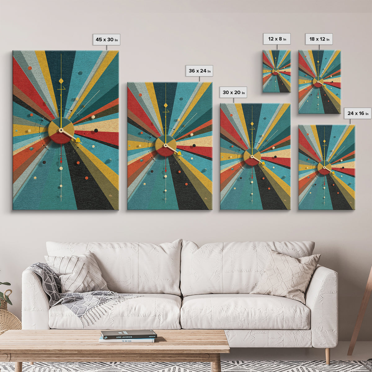 Textured Atomic Clock Sunburst Framed Canvas Print, Midcentury Modern Wall Art, Geometric MCM Poster For Living Room Decor