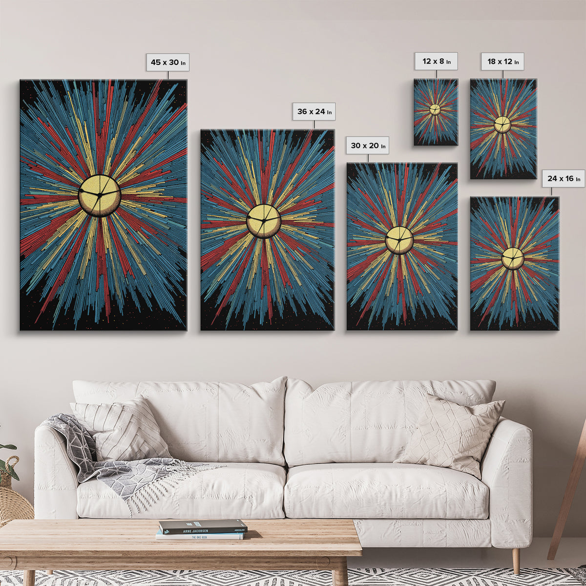 Bold Halftone Sunburst Clock Canvas Print, Retro Midcentury Wall Art, Atomic Space Poster, Colorful Modern Home Decor Gift