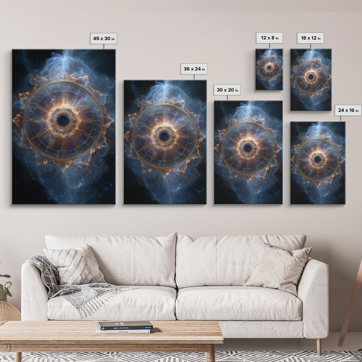 Glowing Cosmic Zodiac Clock Framed Canvas Print, Nebula Space Wall Art, Astrology Poster, Luxury Celestial Home Decor Gift