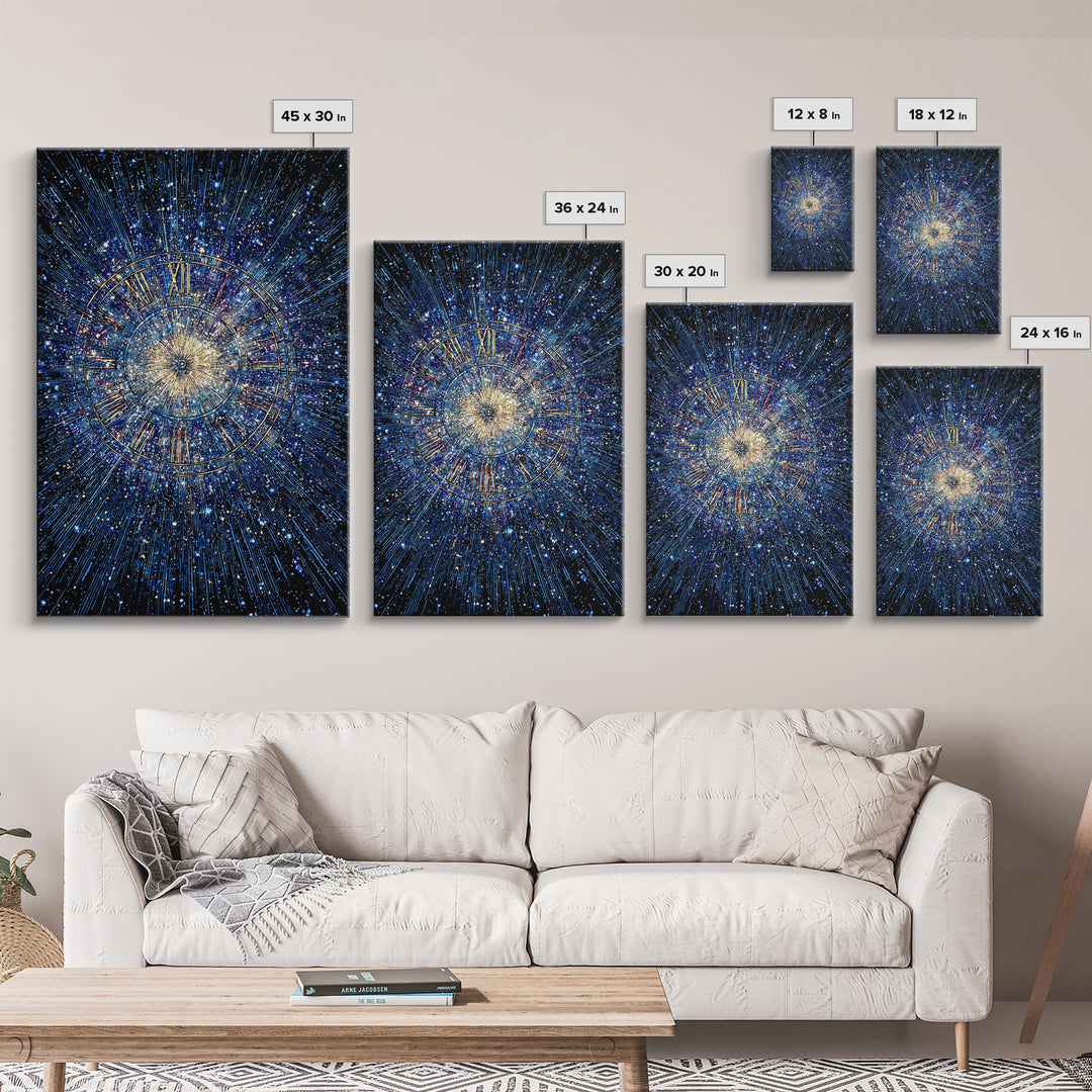Blue Galaxy Roman Numeral Clock Canvas Print, Celestial Space Wall Art, Cosmic Starburst Poster, Modern Home Office Decor