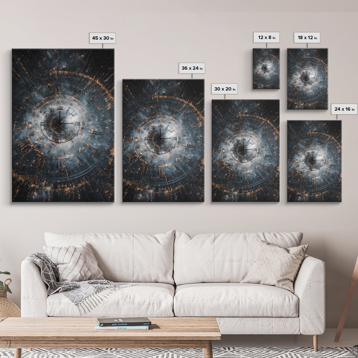 Smoky Spiral Time Clock Wall Art, Roman Numeral Galaxy Poster, Cosmic Framed Canvas Print, Dark Modern Office Decor Gift