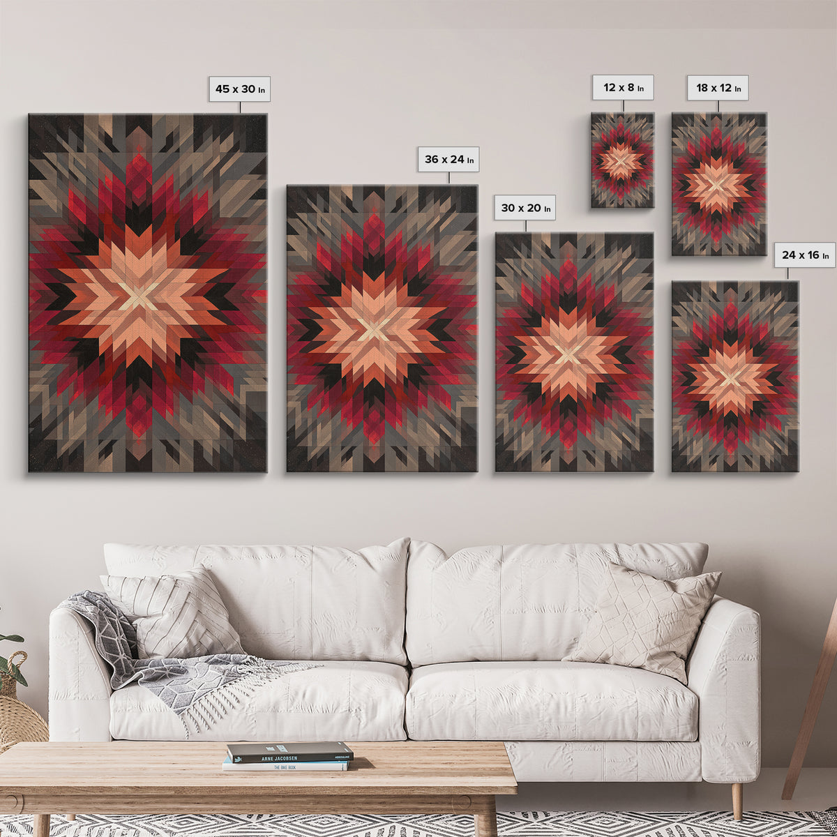 Red Gray Southwestern Starburst, Framed Canvas Print, Geometric Wall Art, Bold Abstract Decor, Rustic Modern Living Room Poster