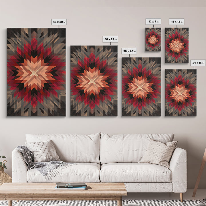 Red Gray Southwestern Starburst, Framed Canvas Print, Geometric Wall Art, Bold Abstract Decor, Rustic Modern Living Room Poster