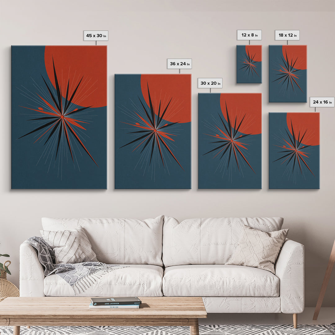 Red Sun Atomic Starburst Wall Art, Midcentury Modern Art, Retro Modern Poster, Blue Orange Abstract Print, Mcm Wall Decor