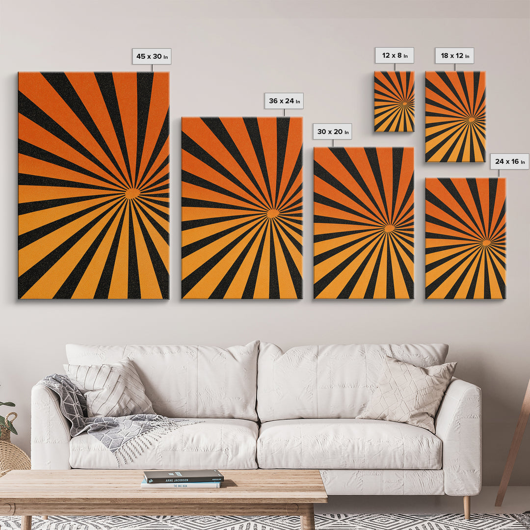 Orange Black Op Art Sunburst Canvas Print, Retro Wall Art, Geometric Art Print, Bold Mcm Decor, 70s Poster, Funky Wall Decor