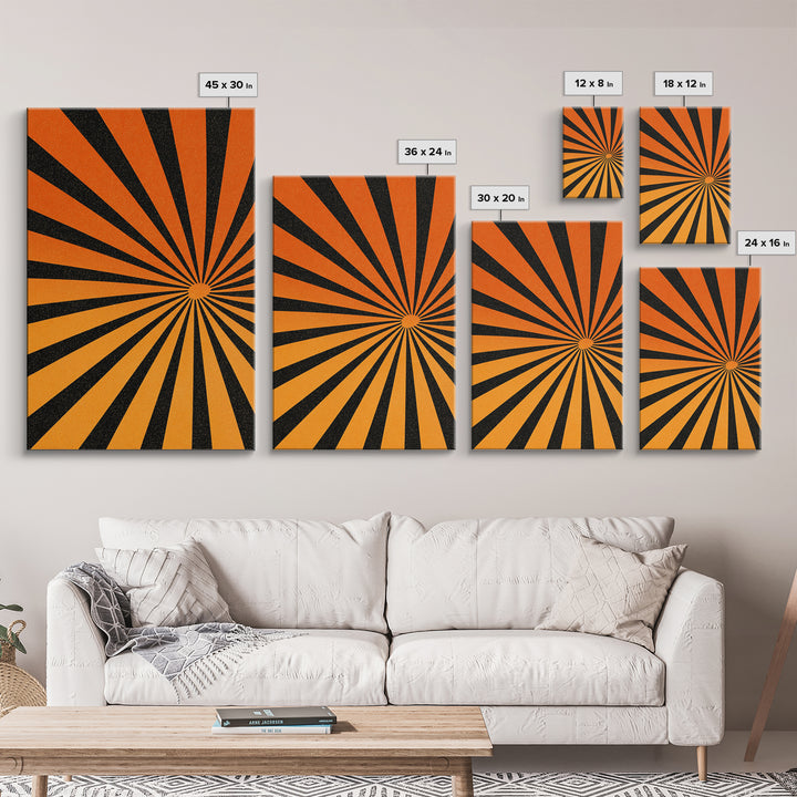 Orange Black Op Art Sunburst Canvas Print, Retro Wall Art, Geometric Art Print, Bold Mcm Decor, 70s Poster, Funky Wall Decor
