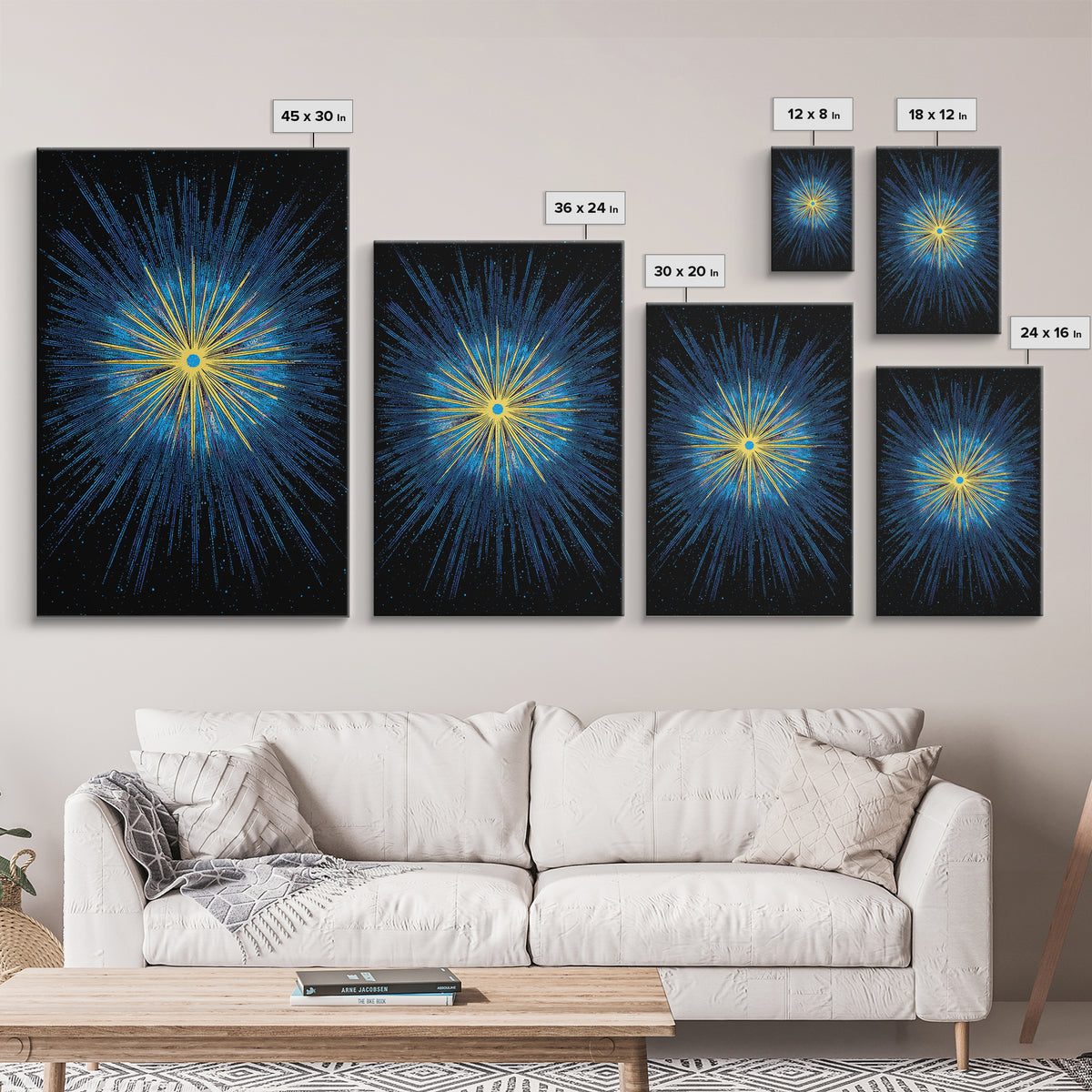 Blue Yellow Cosmic Starburst Wall Art, Space Abstract Art, Modern Digital Art, Retro Sci Fi Poster, Kids Room Decor, Large Print