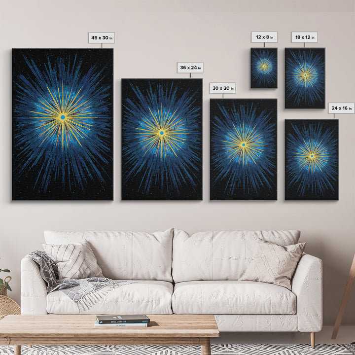 Blue Yellow Cosmic Starburst Wall Art, Space Abstract Art, Modern Digital Art, Retro Sci Fi Poster, Kids Room Decor, Large Print
