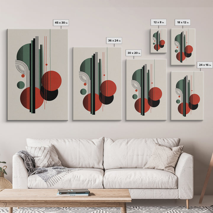 Red Green Bauhaus Circles Wall Art, Midcentury Modern Geometric Print, MCM Decor, Abstract Lines For Living Room Home Decor Print