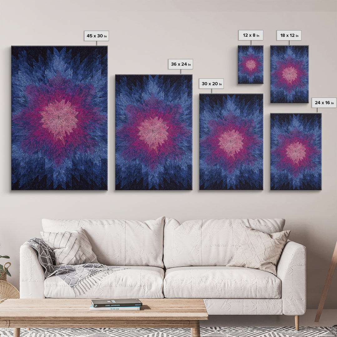Blue Pink Textured Starburst, Canvas Print, Geometric Wall Art, Modern Abstract Decor, Vibrant Mcm Living Room Poster Artwork