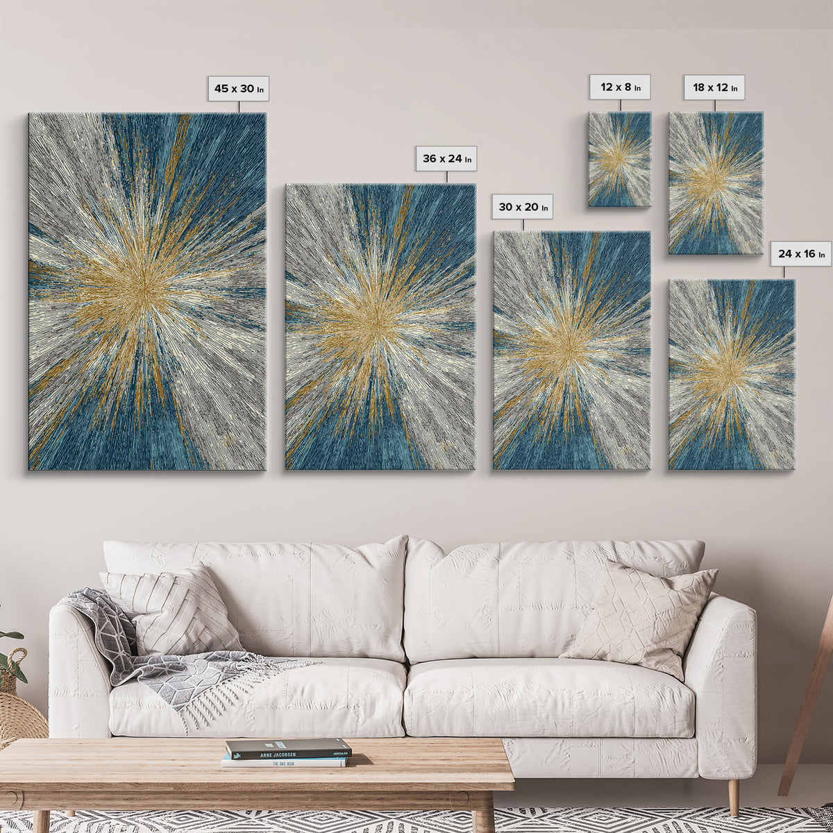 Gold And Teal Radiating Starburst Canvas Print, Midcentury Modern Art, Atomic Retro Wall Decor, Bold Geometric Home Decor