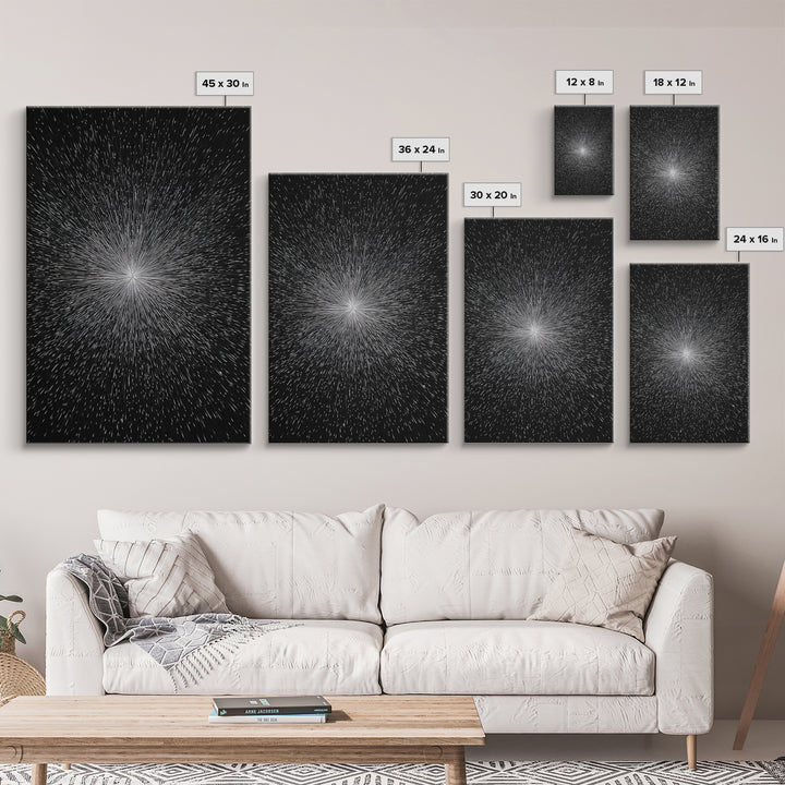 Black White Warp Speed Starburst Canvas Print, Modern Abstract Art, Space Wall Decor, Minimalist Sci Fi Poster, Cosmic Decor
