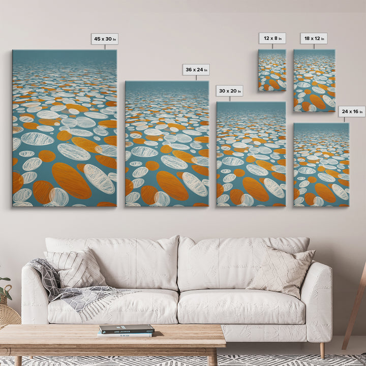 Orange White Floating Pebble Wall Art, Modern Abstract Art Print, Retro Geometric Decor, Blue Coastal Perspective Poster