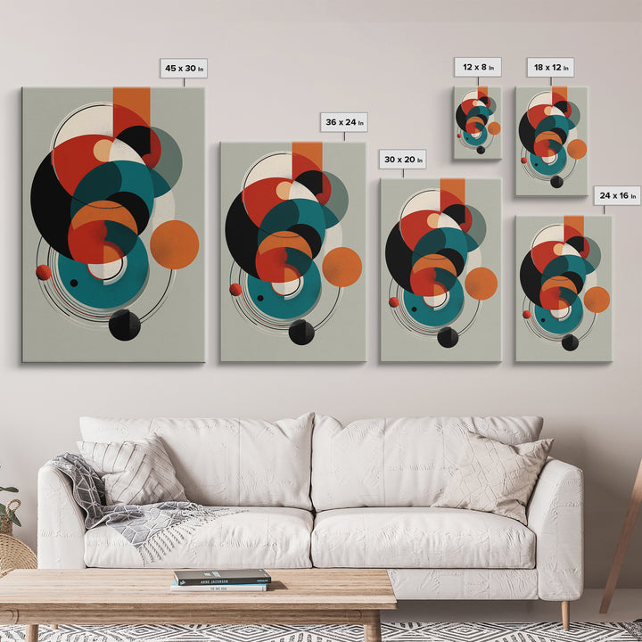 Orange Teal Geometric Circles Framed Canvas Print, Midcentury Modern Wall Art, Bauhaus Abstract Decor, Retro Home Decor Print