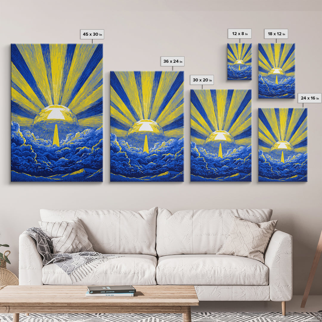 Blue Yellow Celestial Sunburst Canvas Print, Mid Century Modern Wall Decor, Abstract Sun Rays, Cosmic Retro Poster For Living Room