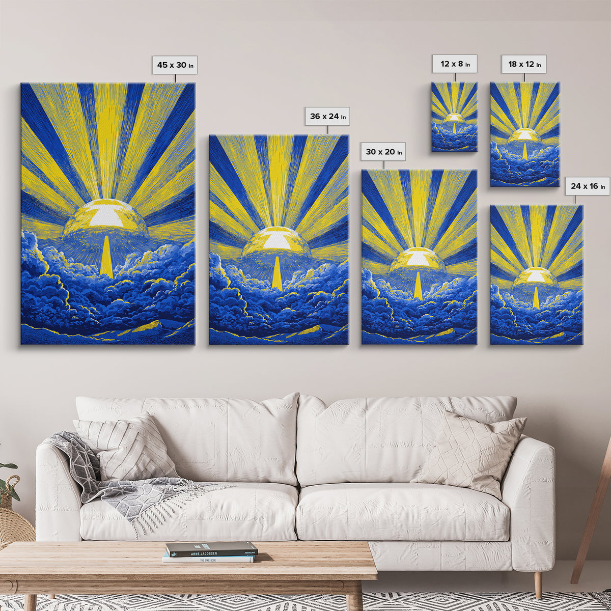 Blue Yellow Celestial Sunburst Canvas Print, Mid Century Modern Wall Decor, Abstract Sun Rays, Cosmic Retro Poster For Living Room