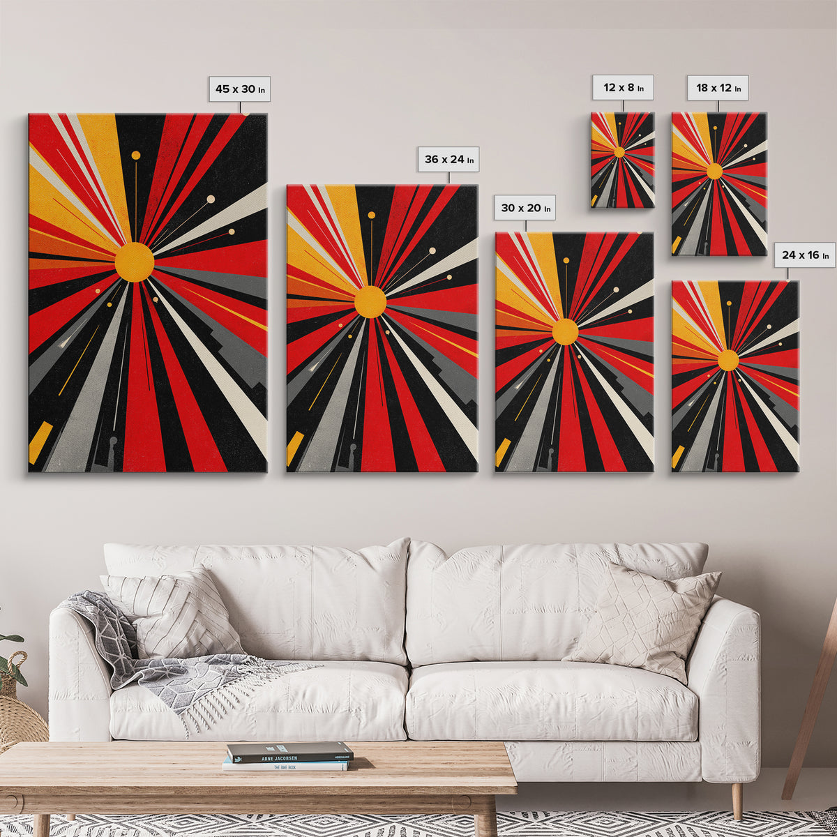 Atomic Red Black Starburst Canvas Print, Mid Century Modern Abstract Wall Art, Geometric Space Poster, Retro Bauhaus Decor