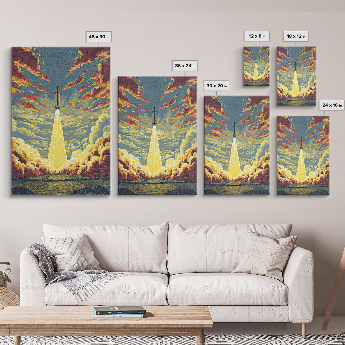 Golden Rocket Launch Framed Canvas Print, Mid Century Modern Space Wall Art, Retro Sci Fi Poster, Dramatic Cloudscape Decor