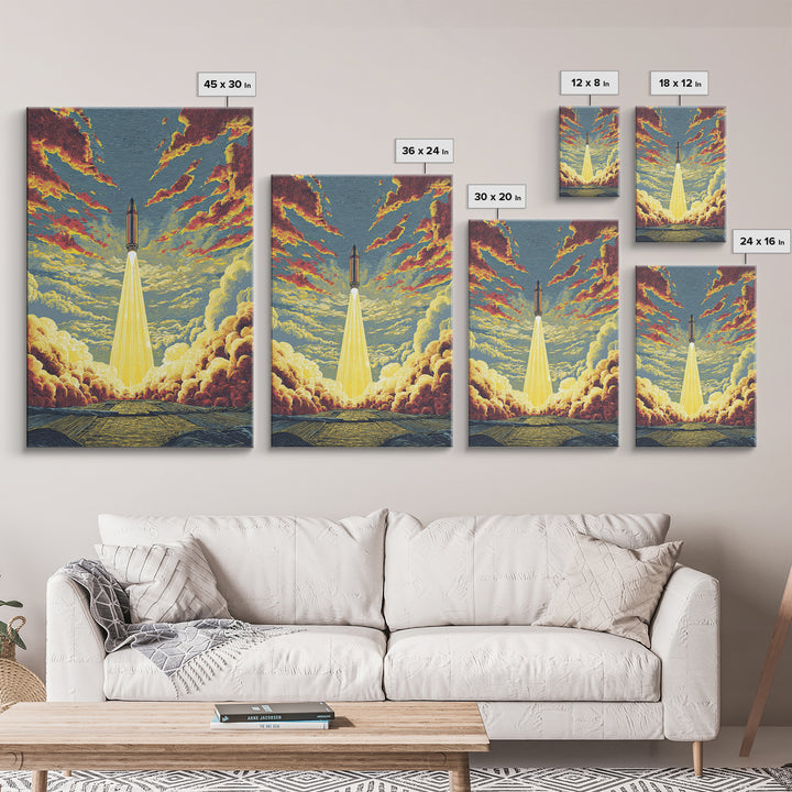 Golden Rocket Launch Framed Canvas Print, Mid Century Modern Space Wall Art, Retro Sci Fi Poster, Dramatic Cloudscape Decor
