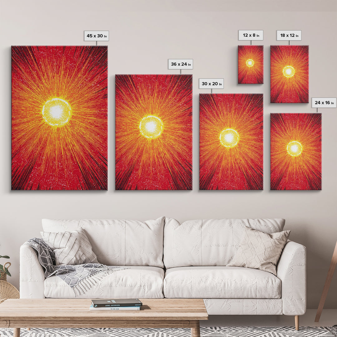 Blazing Red Solar Sun Wall Art, Mid Century Modern Abstract Poster, Orange Yellow Energy Rays, Atomic Retro Decor Print Gift