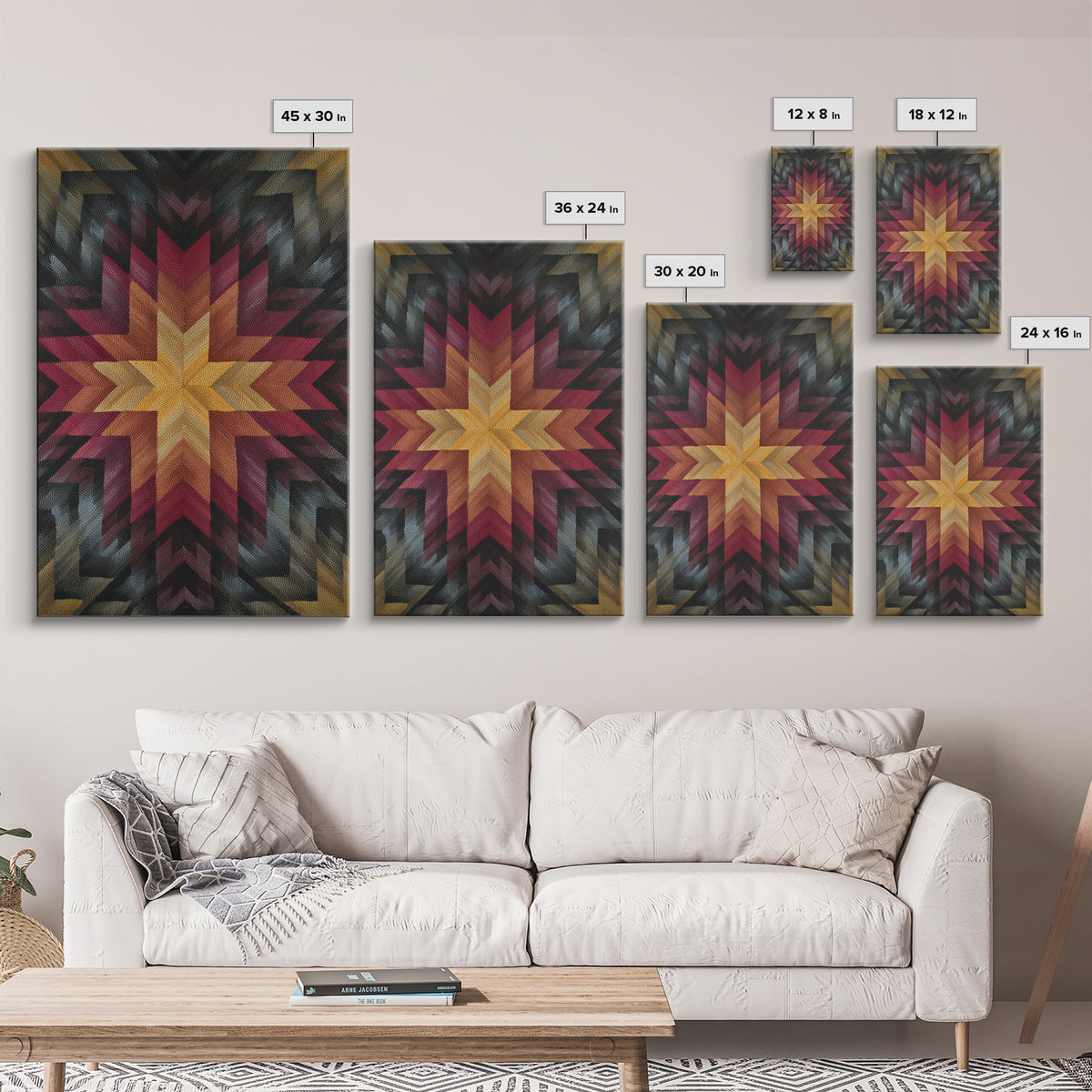 Southwestern Geometric Star Quilt Canvas Print, Midcentury Modern Wall Decor, Red Gold Black Abstract Statement Art For Living Room