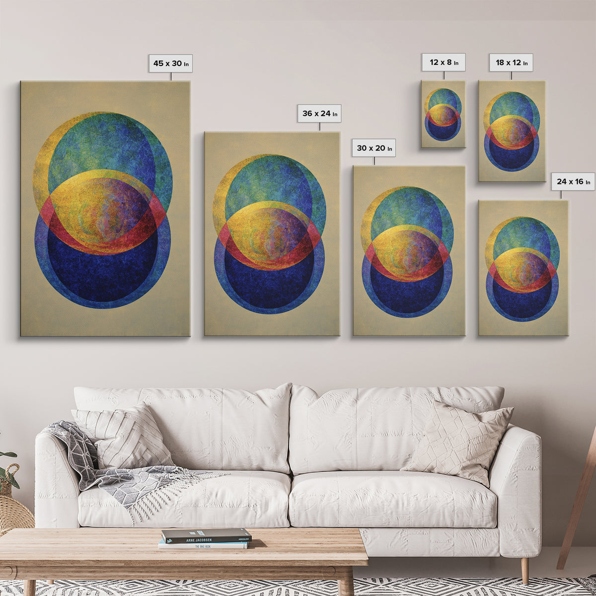Overlapping Circle Geometry Framed Canvas Print, Mid Century Modern Abstract Wall Art, Colorful Bauhaus Decor, Textured Poster