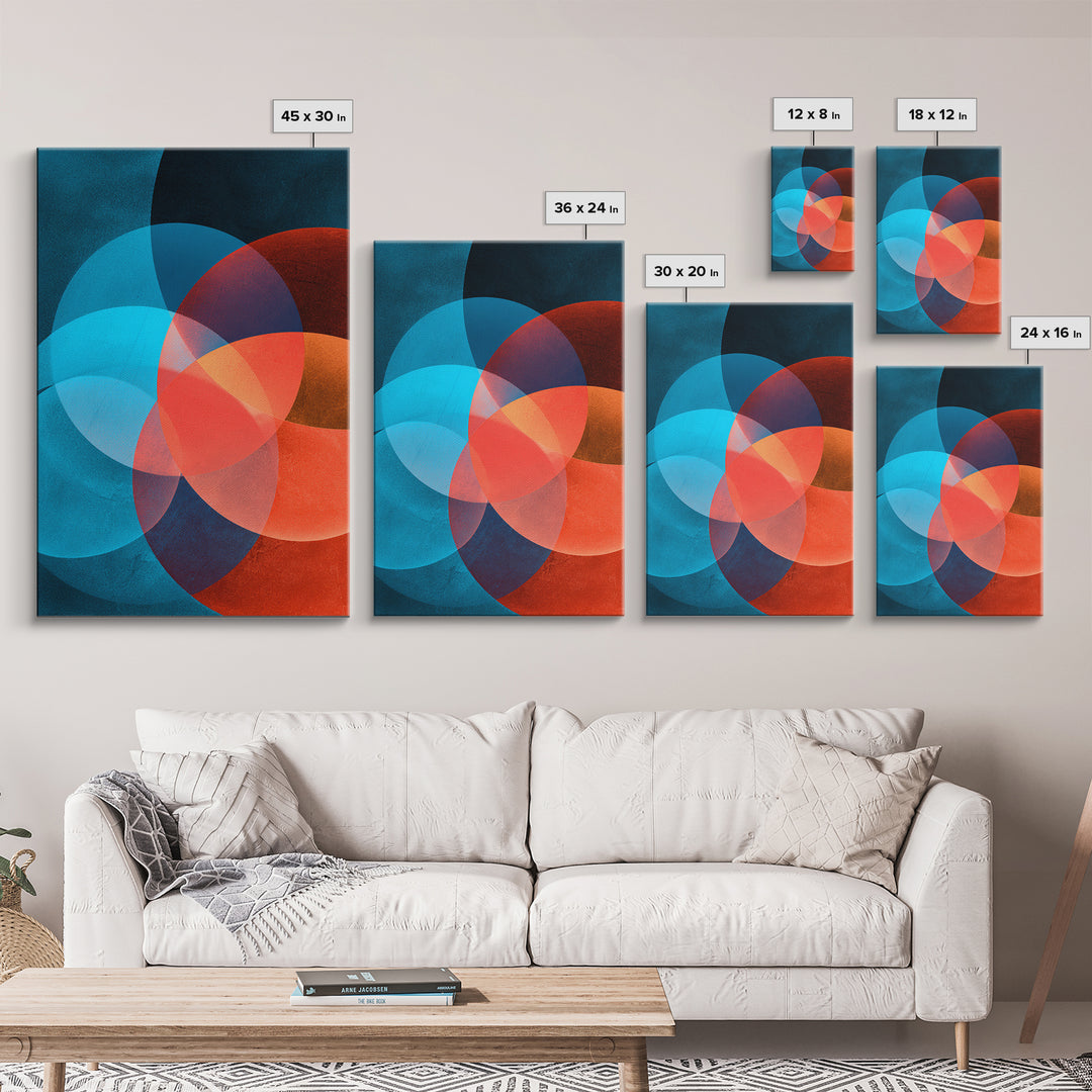 Vivid Teal Orange Circles Abstract Canvas Print, Midcentury Modern Geometric Wall Decor, Retro MCM Living Room Art, Home Office Decor