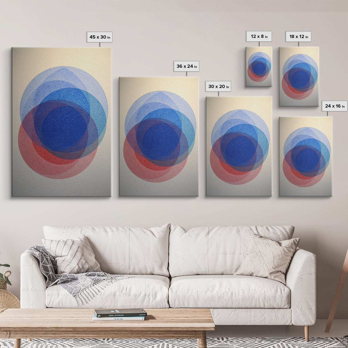 Soft Blue Red Overlapping Circles Framed Canvas Print, Minimalist Midcentury Modern Wall Art, Geometric Bedroom Decor, Blue Art Print