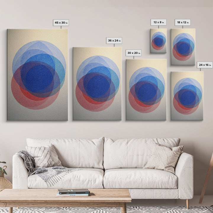 Soft Blue Red Overlapping Circles Framed Canvas Print, Minimalist Midcentury Modern Wall Art, Geometric Bedroom Decor, Blue Art Print
