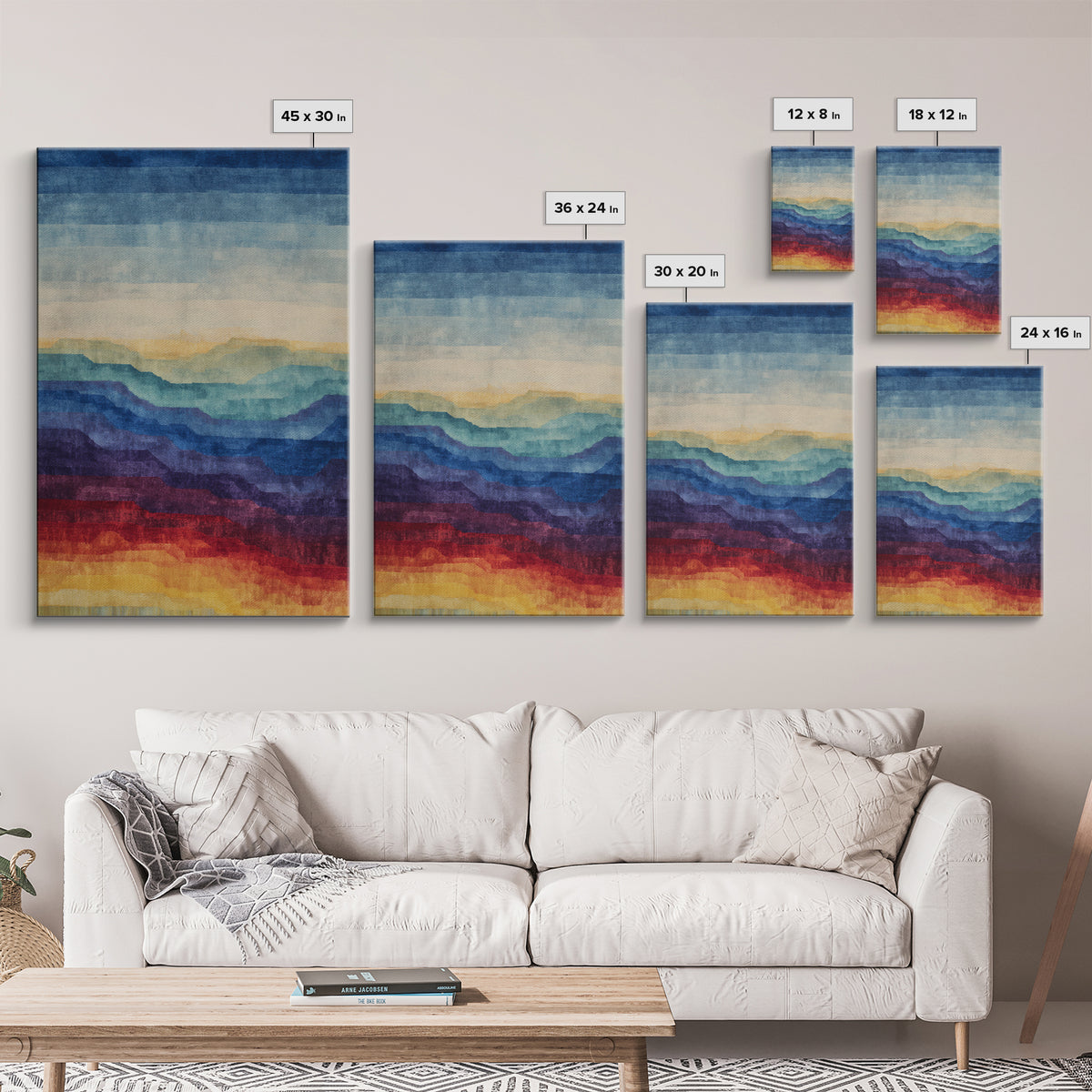 Layered Ocean Desert Horizon Wall Art, Midcentury Modern Art Print, Blue Teal Sunset Landscape Decor For Living Room Home Office