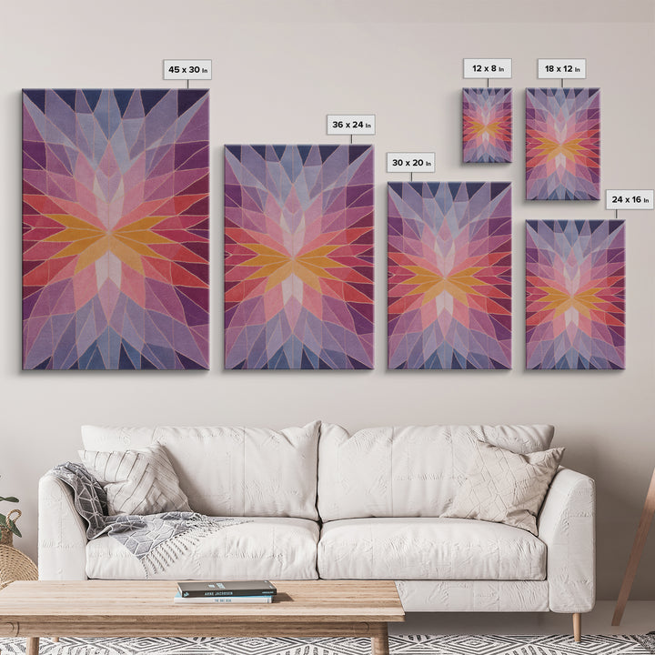 Pink Orange Faceted Star Flower Canvas Print, Midcentury Modern Abstract Art, Geometric Wall Decor For Bedroom Living Room