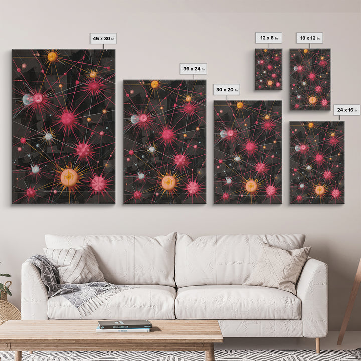 Atomic Pink Orange Network Wall Art, Midcentury Modern Abstract Print, Space Age Geometric Decor For Living Room Home Office