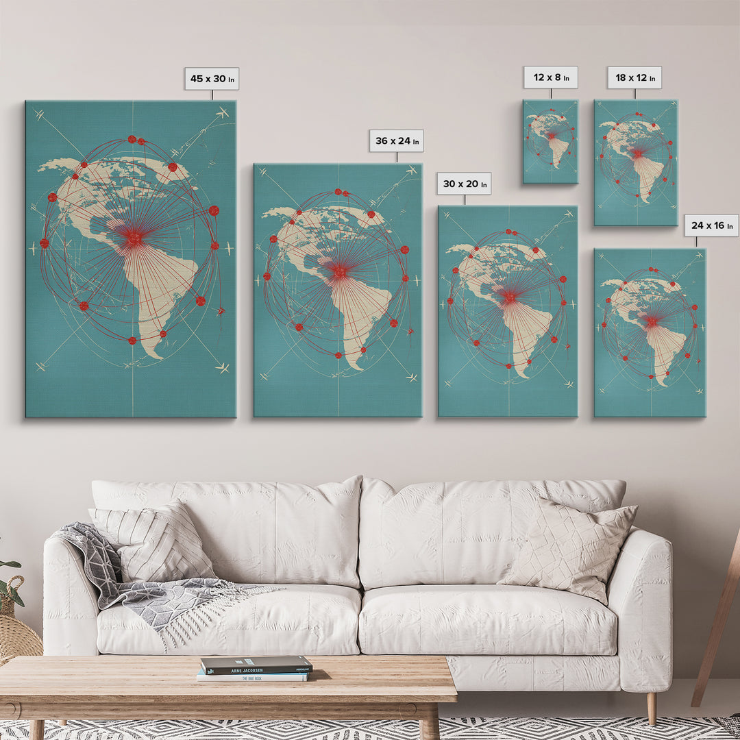 Retro Americas Flight Route Map Canvas Print, Midcentury Modern Travel Wall Decor, Teal Red Atomic Aviation Poster For Office