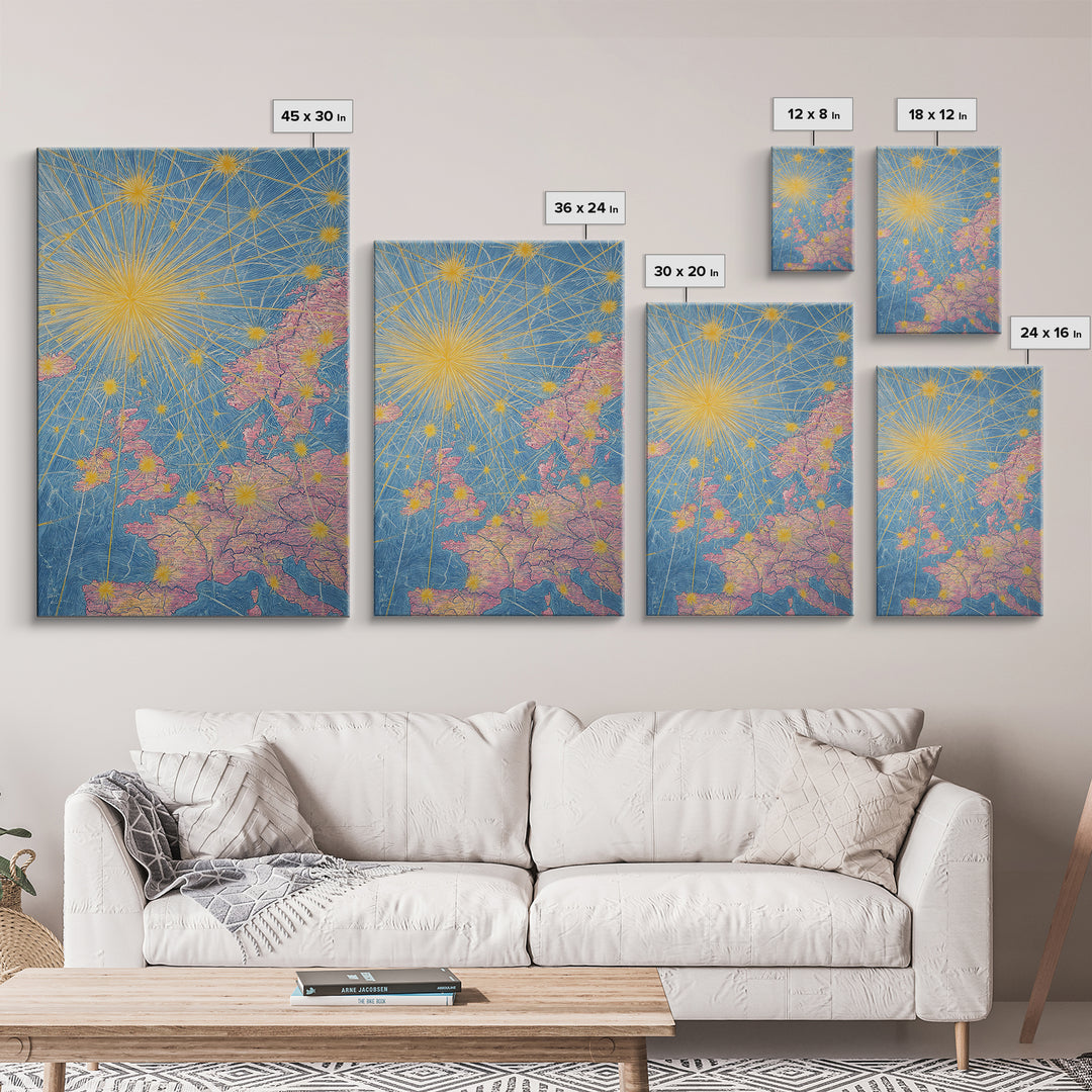 Europe Flight Route Map Canvas Print, Midcentury Modern Travel Wall Decor, Blue Pink Atomic Aviation Poster For Office Living Room
