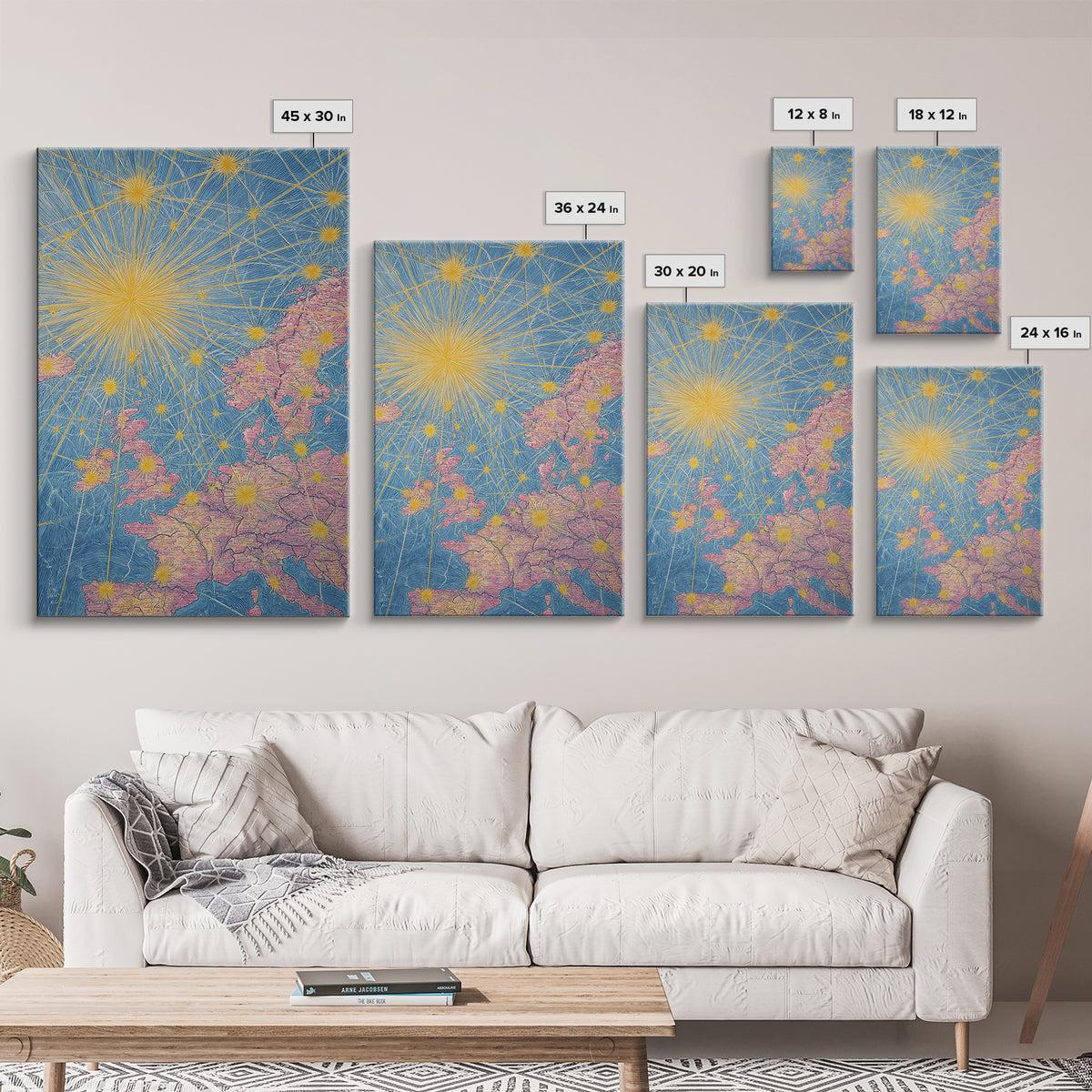Europe Flight Route Map Canvas Print, Midcentury Modern Travel Wall Decor, Blue Pink Atomic Aviation Poster For Office Living Room
