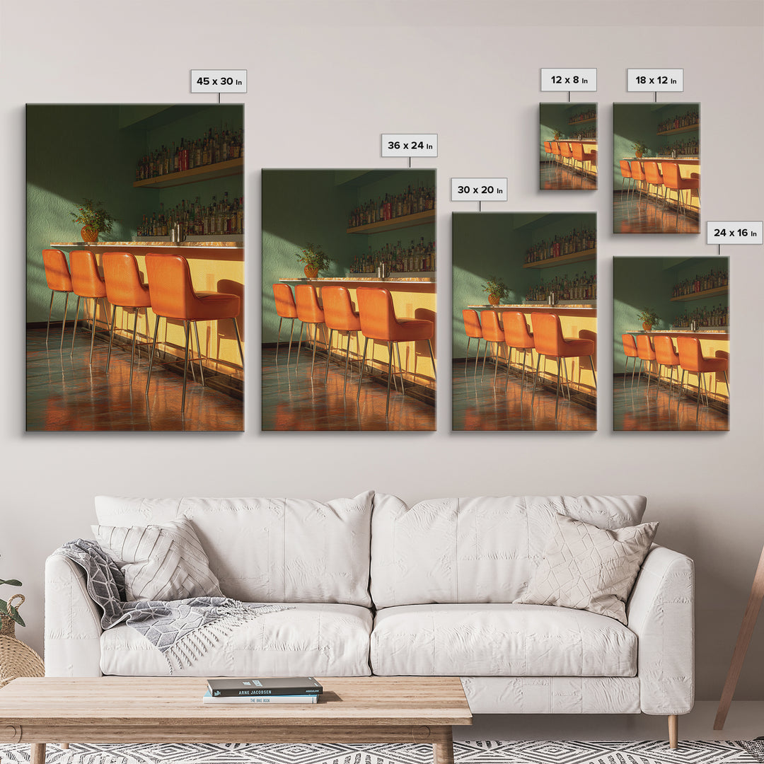 Green And Orange Sunlit Cocktail Bar With Stools Canvas Print, Midcentury Modern Wall Art, Retro Decor, Warm Lounge Poster