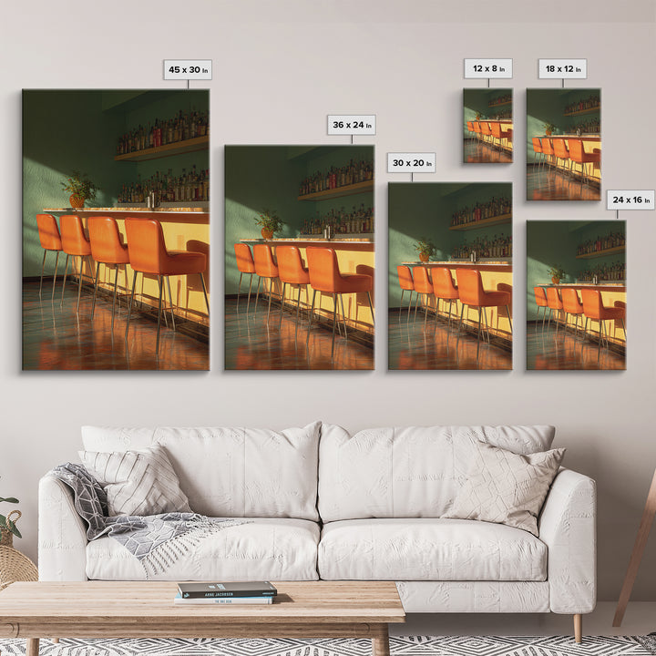 Green And Orange Sunlit Cocktail Bar With Stools Canvas Print, Midcentury Modern Wall Art, Retro Decor, Warm Lounge Poster