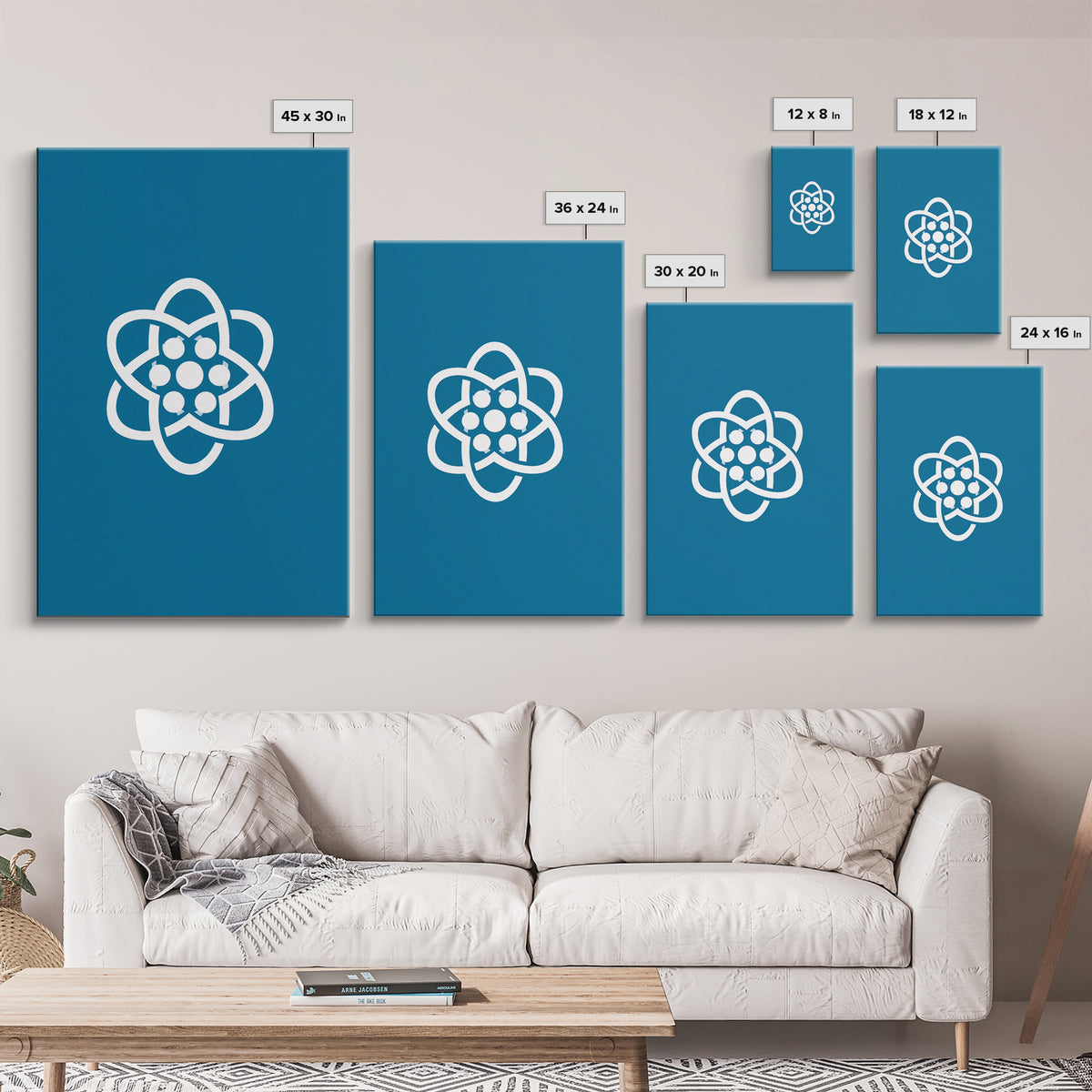 Minimal White Atomic Symbol On Teal Blue Wall Art, Midcentury Modern Space Poster, Geometric Art Print, Retro Office Decor