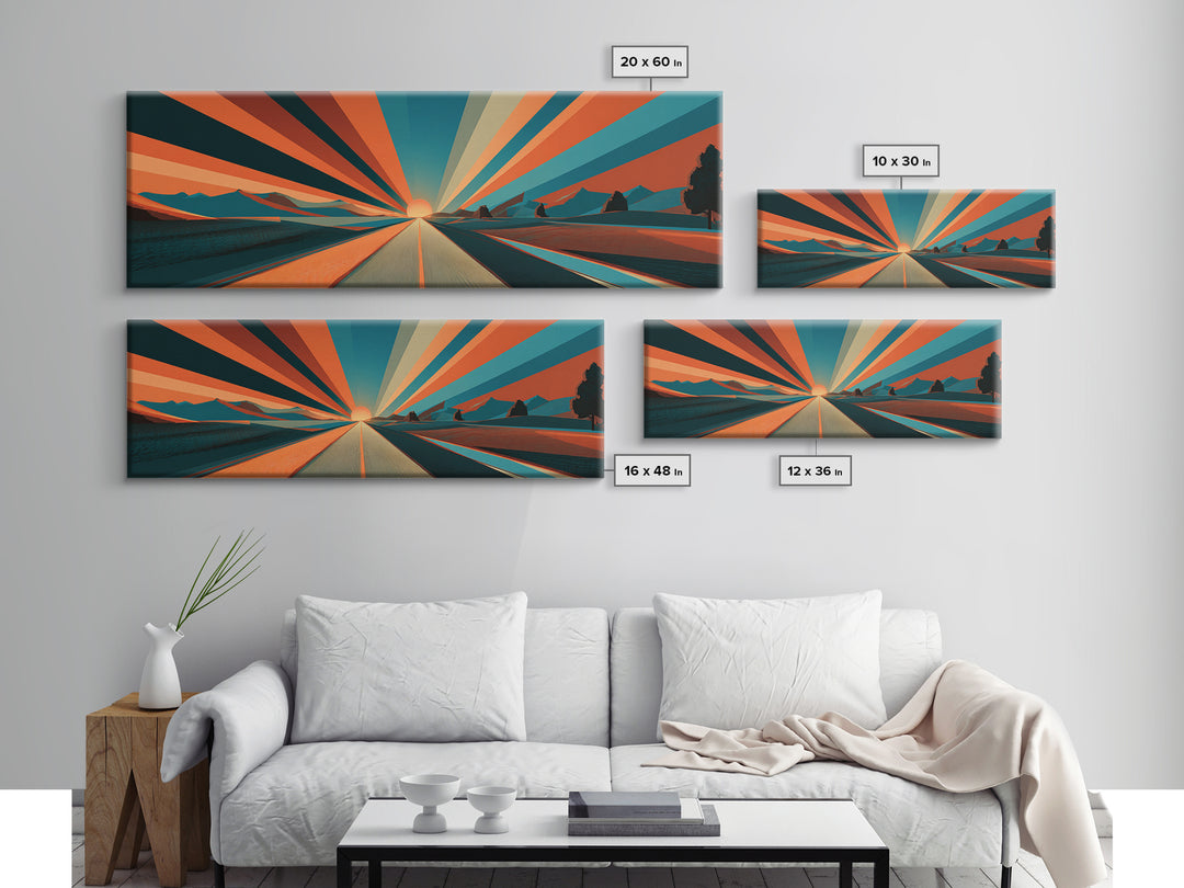 Retro Desert Road Sunburst Canvas Print, Midcentury Modern Wall Art, Orange Teal Landscape Poster, Palm Springs Decor Gift