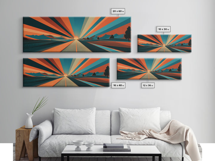 Retro Desert Road Sunburst Canvas Print, Midcentury Modern Wall Art, Orange Teal Landscape Poster, Palm Springs Decor Gift