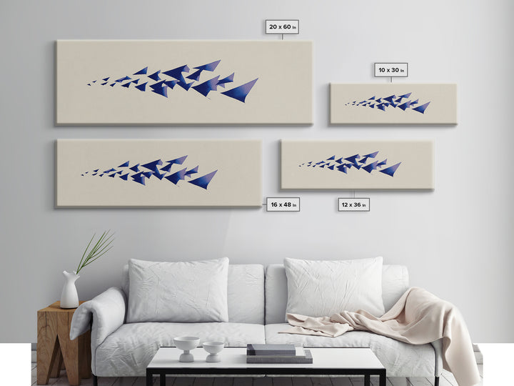 Blue Triangle Flock Abstract Canvas Print, Midcentury Modern Art, Geometric Shapes Art, Minimalist Wall Art, Modern Decor