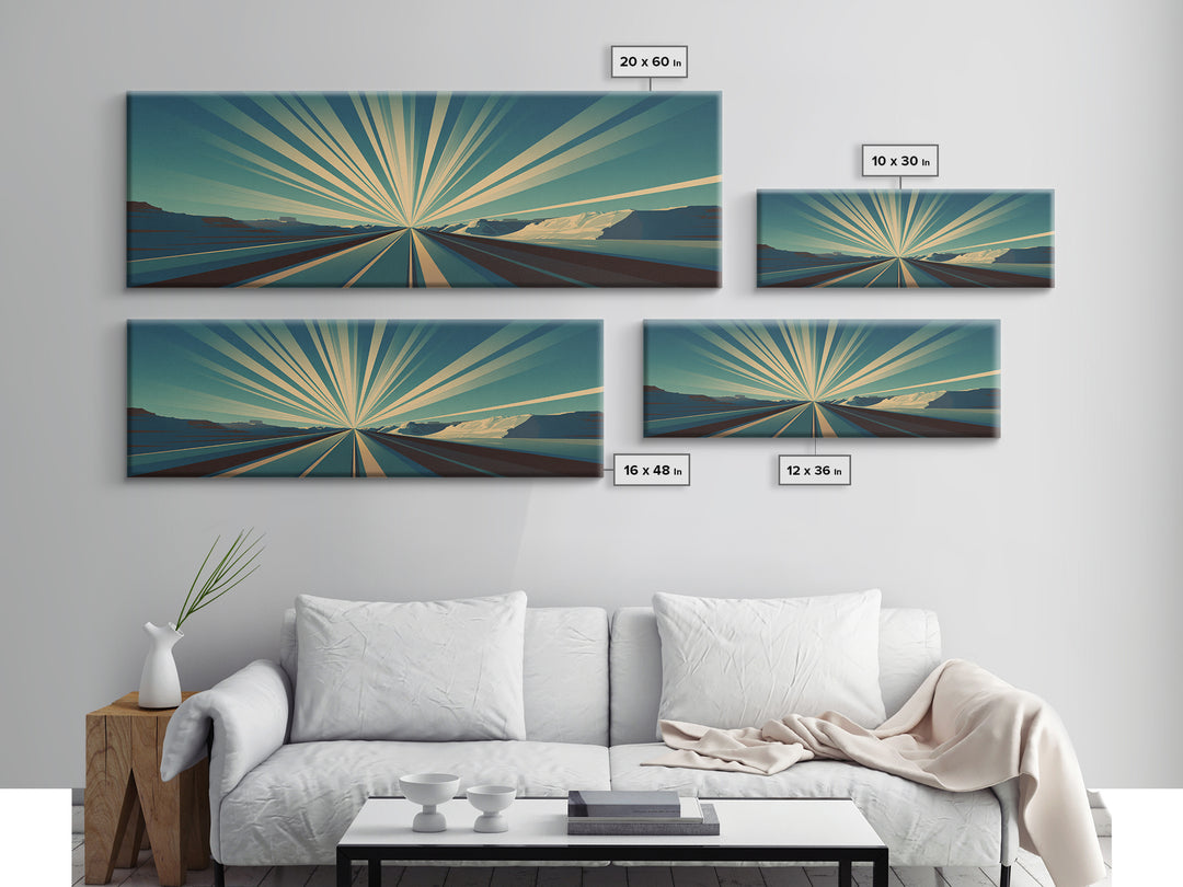 Radiant Teal Highway Horizon Wall Art, Midcentury Modern Art Print, Retro Landscape Poster, Modern Wall Decor For Office