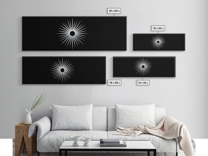 White Solar Eclipse Starburst Wall Art, Mid Century Modern Print, Black Retro Abstract Poster, Atomic MCM Wall Decor, Minimalist Art