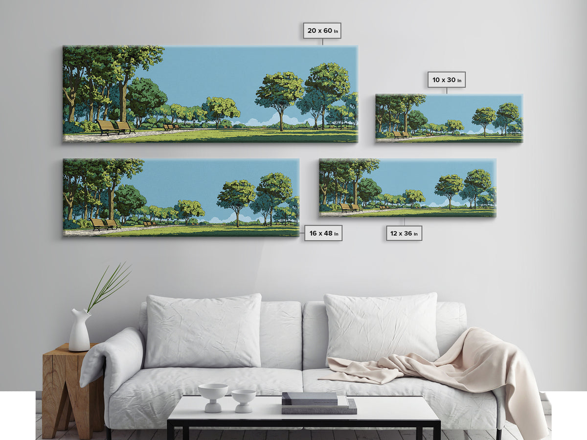 Sunny Green Park With Benches Wall Art, Mid Century Modern Landscape Print, Nature Wall Decor, Scenic Living Room Art, Office Decor
