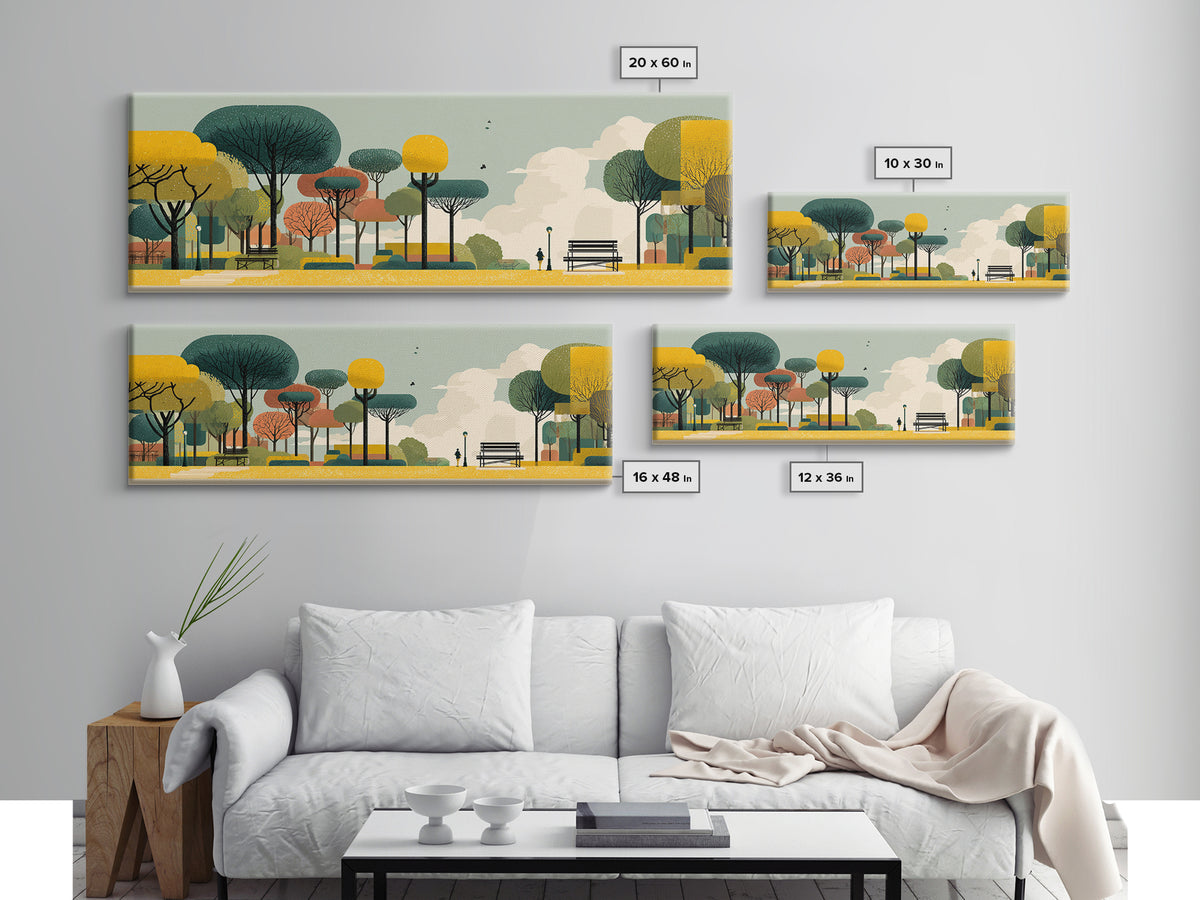 Autumn Modern Park With Benches Canvas Print, Mid Century Modern Art, Scandinavian Landscape Poster, Colorful Nature Decor