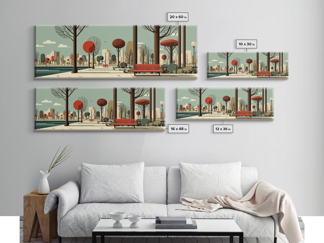 Red Bench City Park In Autumn Wall Art, Mid Century Modern Landscape Print, Retro Urban Poster, Colorful Living Room Decor