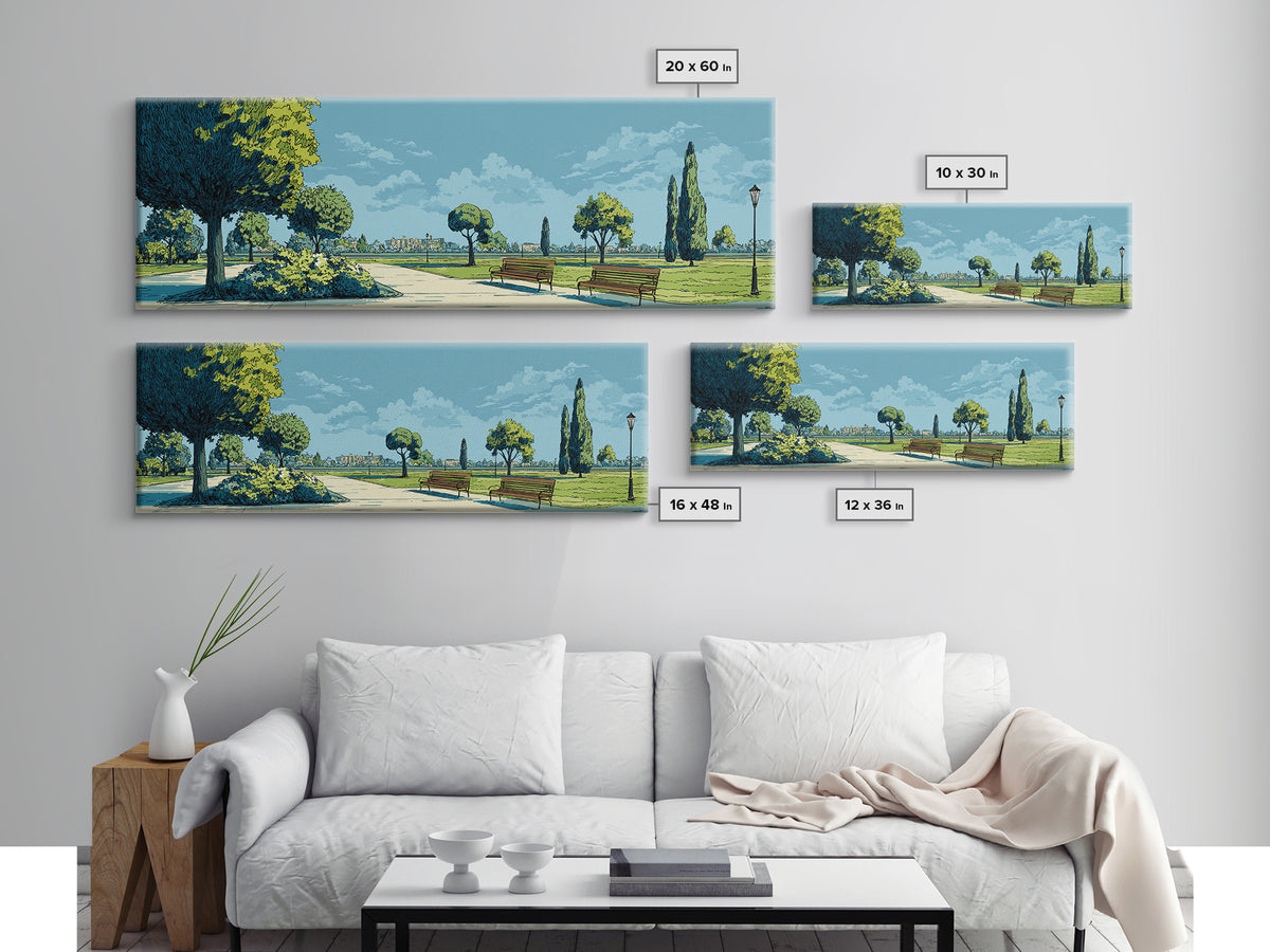 Blue Lakeside Park With Benches Wall Art, Mid Century Modern Landscape Print, Scenic Nature Poster, Home Office Wall Decor